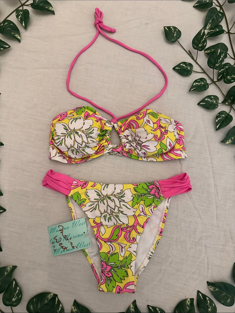 Bright Floral Bandeau Bikini Set with Pink Accents